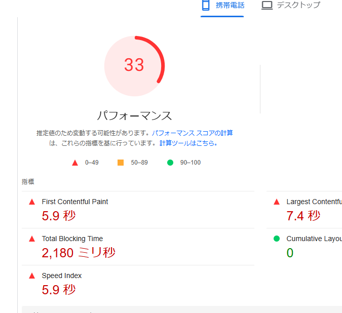 PageSpeed Insightsのスクリーンショット